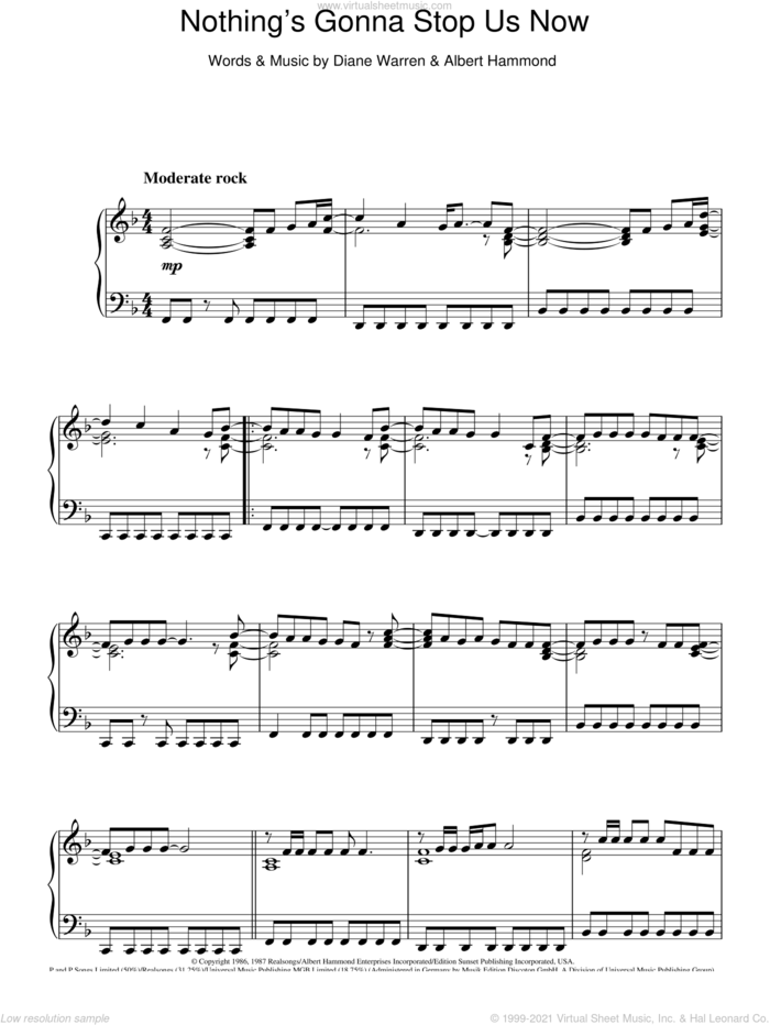 Nothing's Gonna Stop Us Now sheet music for piano solo by Starship, Albert Hammond and Diane Warren, intermediate skill level