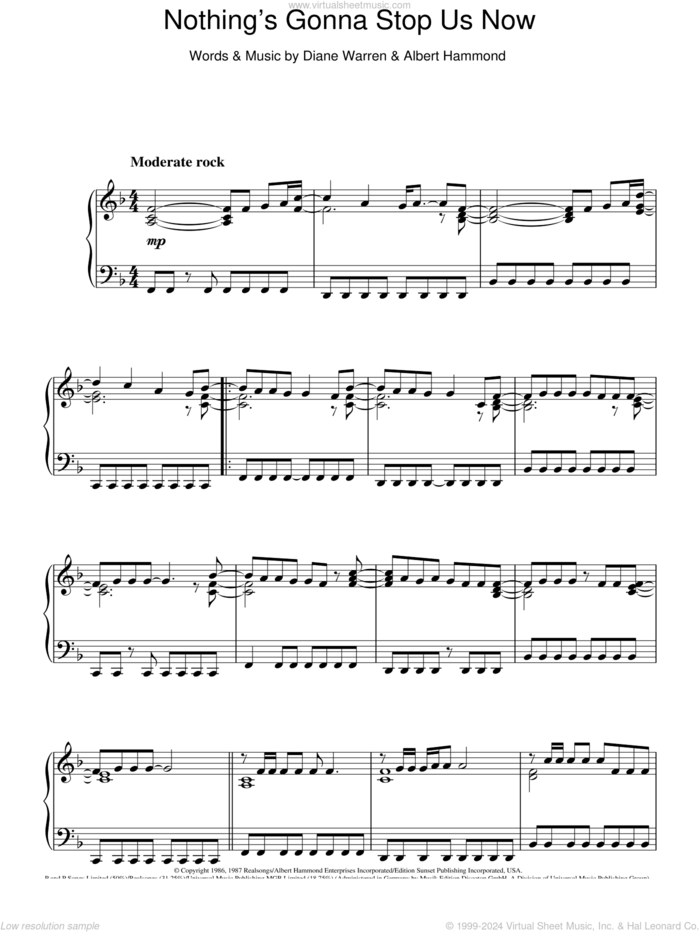 Nothing's Gonna Stop Us Now sheet music for piano solo by Starship, Albert Hammond and Diane Warren, intermediate skill level