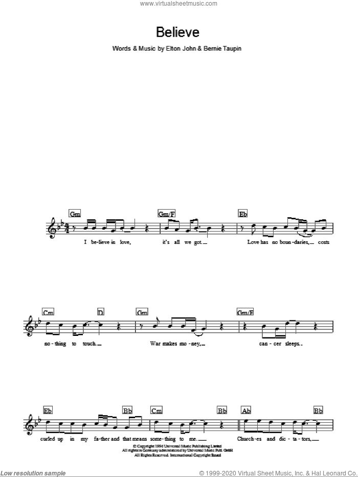 Believe sheet music for voice and other instruments (fake book) by Elton John and Bernie Taupin, intermediate skill level