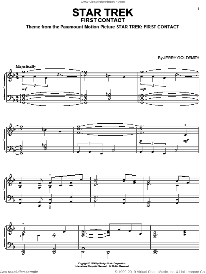Star Trek First Contact, (intermediate) sheet music for piano solo by Jerry Goldsmith and Star Trek(R), intermediate skill level