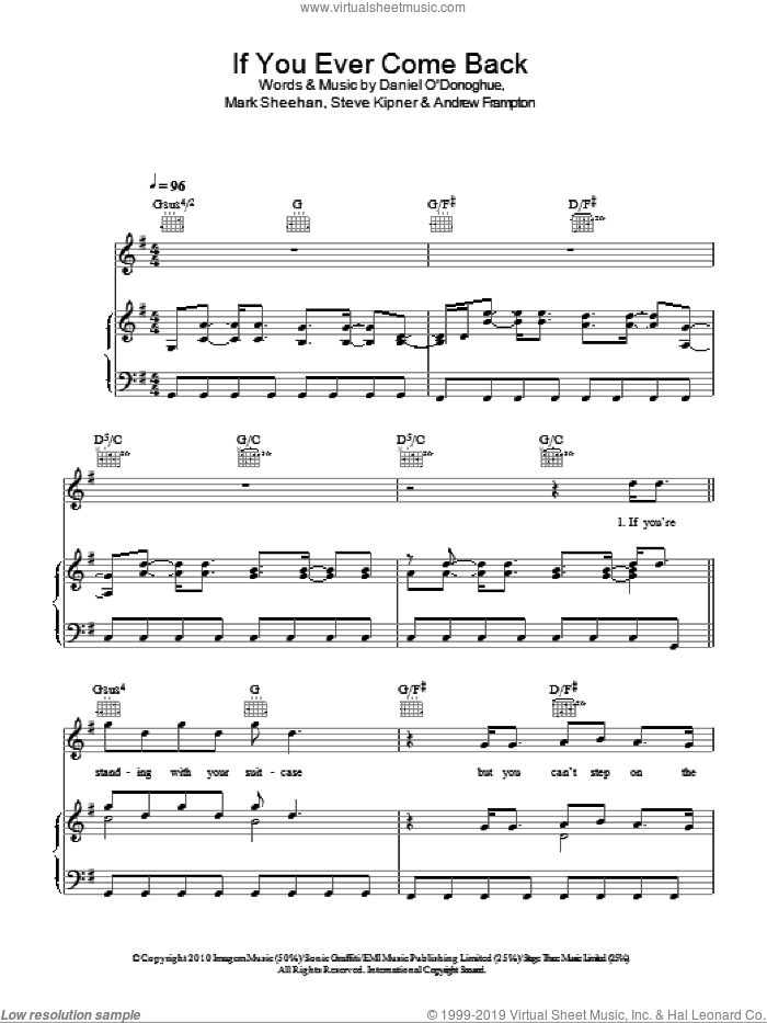 If You Ever Come Back sheet music for voice, piano or guitar by The Script, Andrew Frampton, Mark Sheehan and Steve Kipner, intermediate skill level