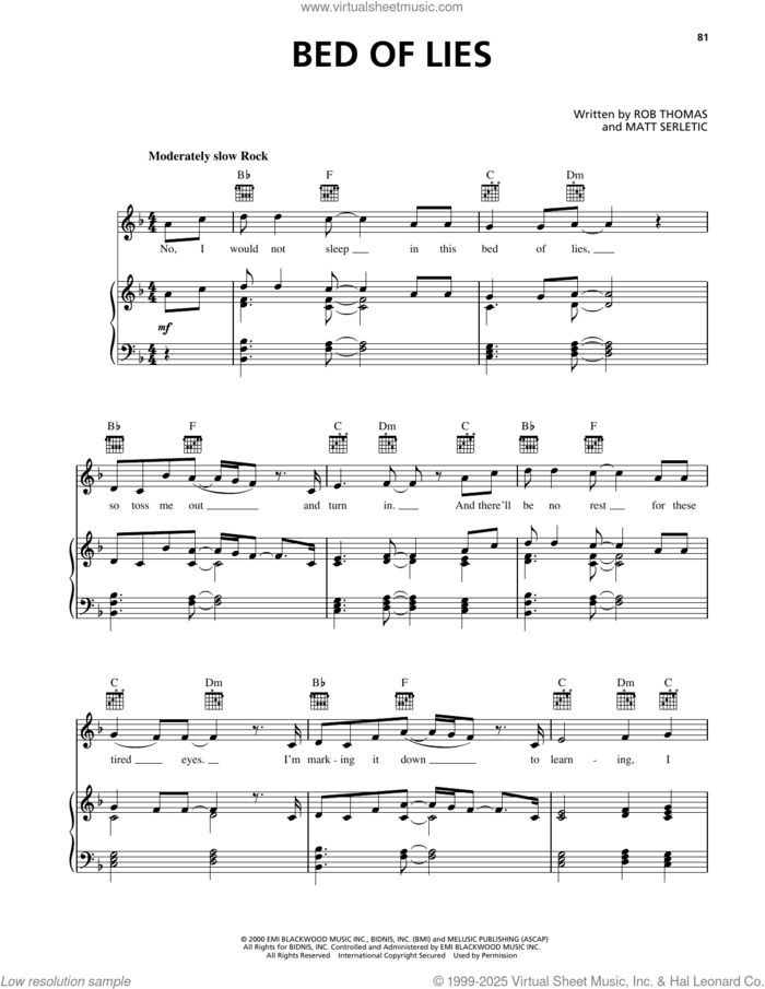 Bed Of Lies sheet music for voice, piano or guitar by Matchbox Twenty, Matt Serletic and Rob Thomas, intermediate skill level