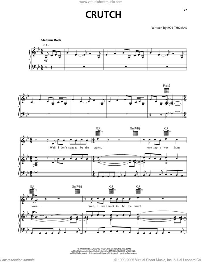 Crutch sheet music for voice, piano or guitar by Matchbox Twenty and Rob Thomas, intermediate skill level