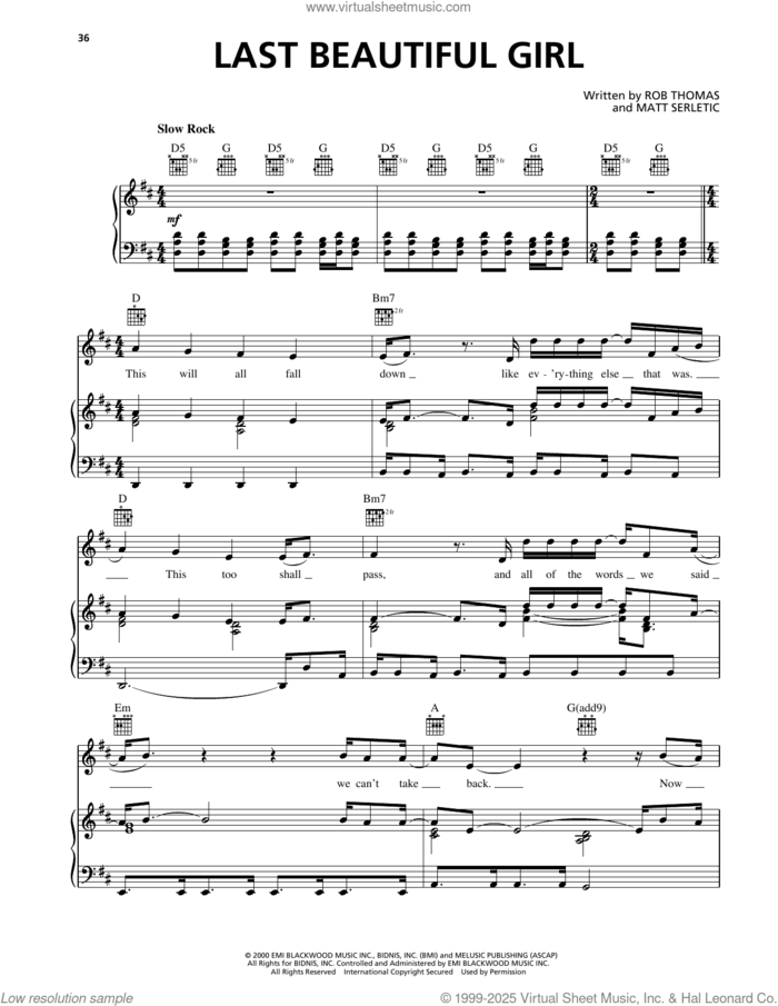 Last Beautiful Girl sheet music for voice, piano or guitar by Matchbox Twenty, Matt Serletic and Rob Thomas, intermediate skill level