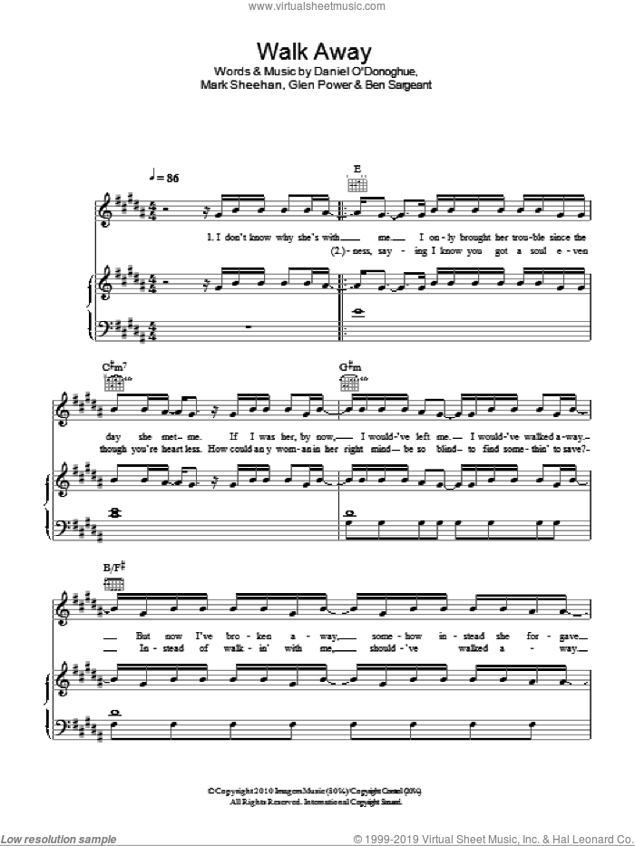 Walk Away sheet music for voice, piano or guitar by The Script, Ben Sargeant, Glen Power and Mark Sheehan, intermediate skill level