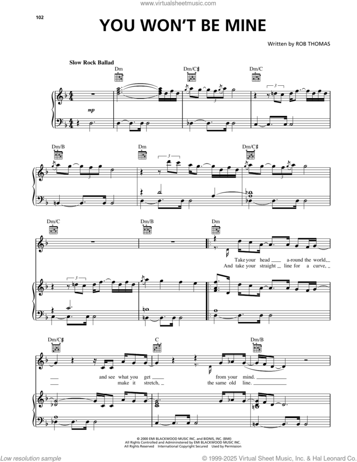 You Won't Be Mine sheet music for voice, piano or guitar by Matchbox Twenty and Rob Thomas, intermediate skill level