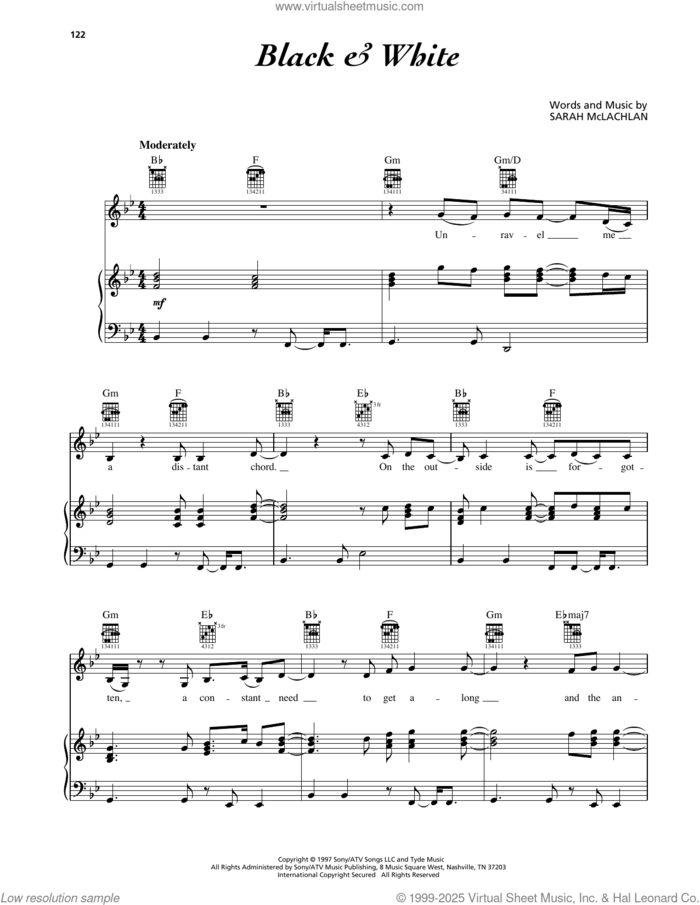 Black and White sheet music for voice, piano or guitar by Sarah McLachlan, intermediate skill level