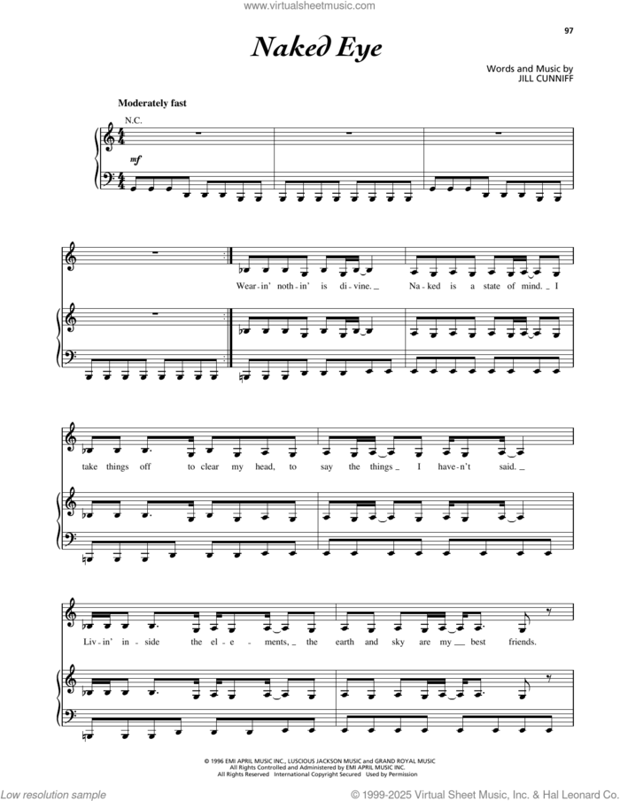 Naked Eye sheet music for voice, piano or guitar by Luscious Jackson and Jill Cunniff, intermediate skill level
