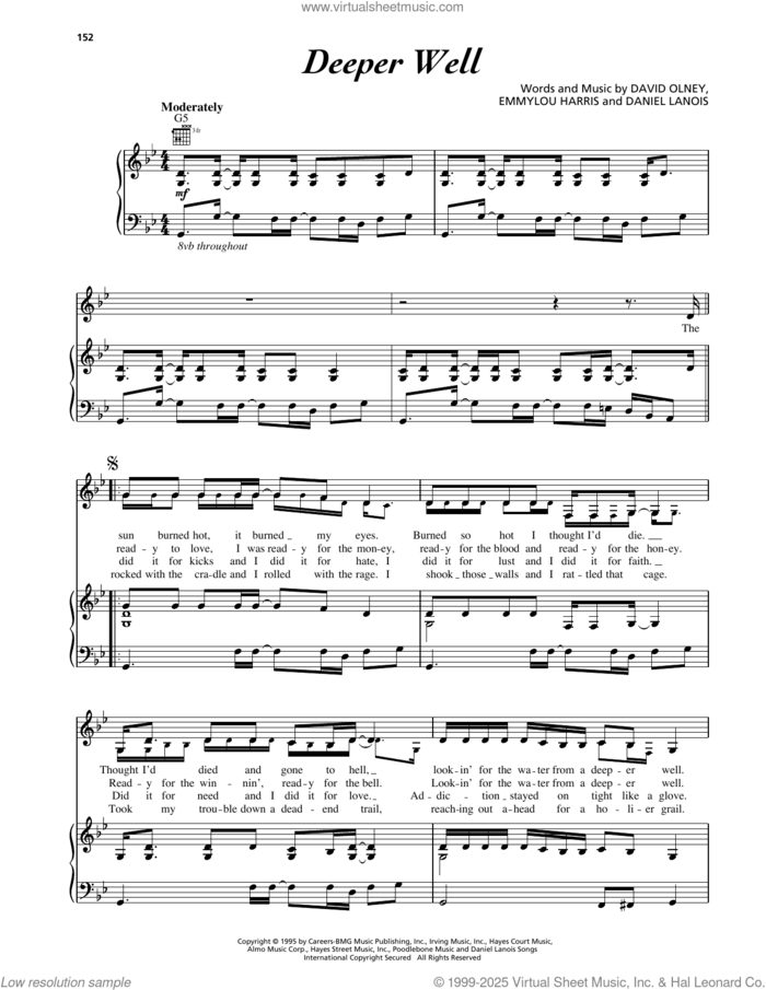 Deeper Well sheet music for voice, piano or guitar by Emmylou Harris, Daniel Lanois and David Olney, intermediate skill level