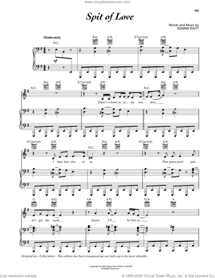 Spit Of Love sheet music for voice, piano or guitar by Bonnie Raitt, intermediate skill level