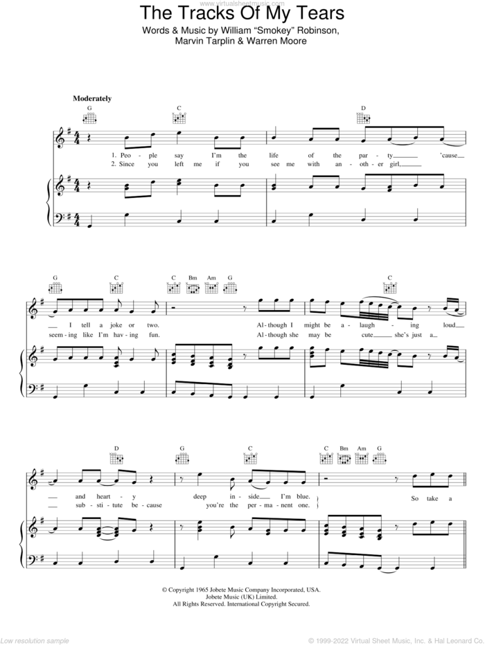 The Tracks Of My Tears sheet music for voice, piano or guitar by Smokey Robinson & The Miracles, Marvin Tarplin and Warren Moore, intermediate skill level