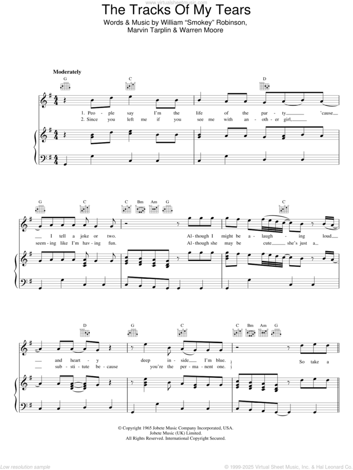 The Tracks Of My Tears sheet music for voice, piano or guitar by Smokey Robinson & The Miracles, Marvin Tarplin and Warren Moore, intermediate skill level