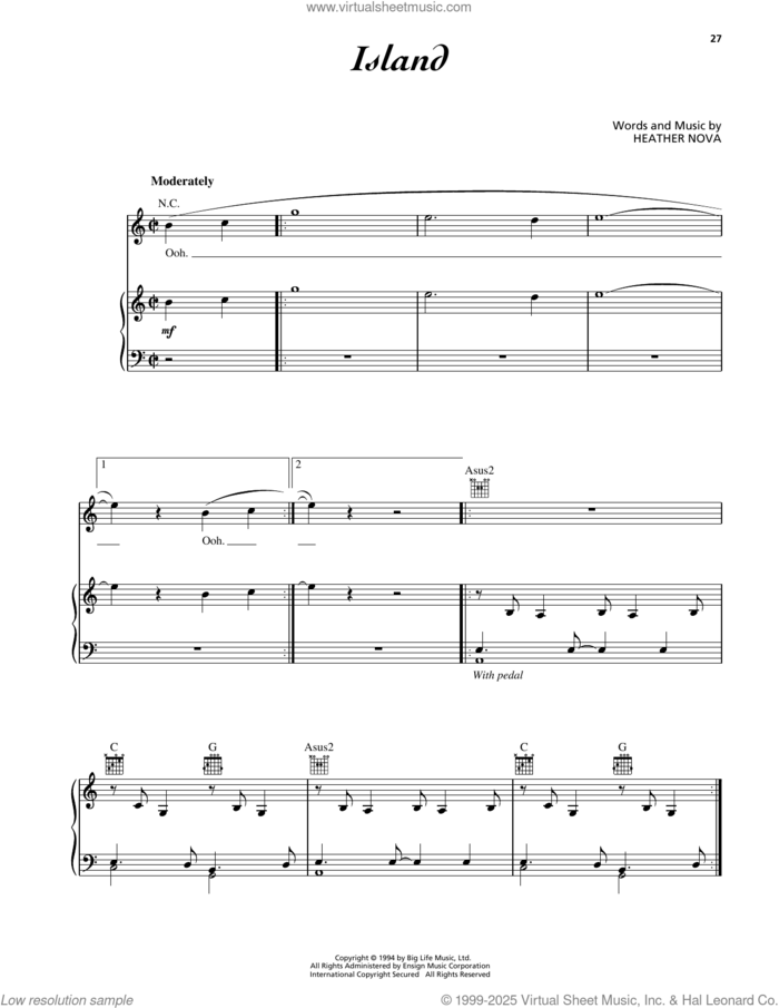 Island sheet music for voice, piano or guitar by Heather Nova, intermediate skill level