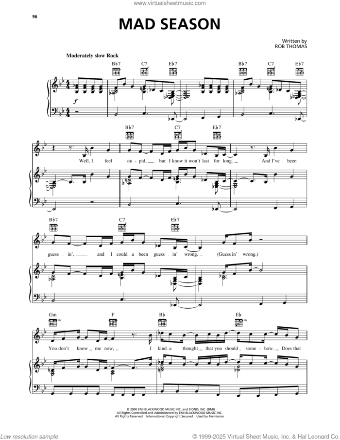Mad Season sheet music for voice, piano or guitar by Matchbox Twenty and Rob Thomas, intermediate skill level