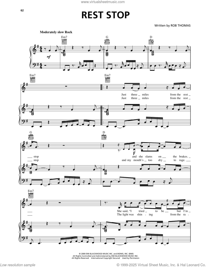 Rest Stop sheet music for voice, piano or guitar by Matchbox Twenty and Rob Thomas, intermediate skill level