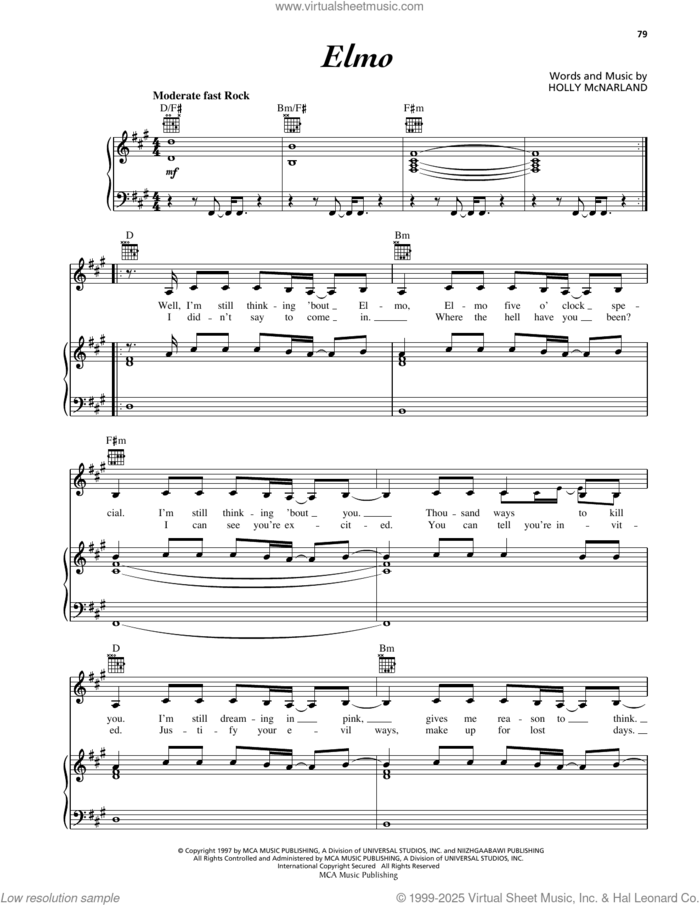 Elmo sheet music for voice, piano or guitar by Holly McNarland, intermediate skill level