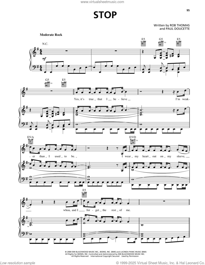 Stop sheet music for voice, piano or guitar by Matchbox Twenty, Paul Doucette and Rob Thomas, intermediate skill level