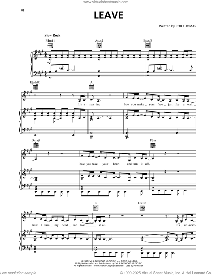 Leave sheet music for voice, piano or guitar by Matchbox Twenty and Rob Thomas, intermediate skill level