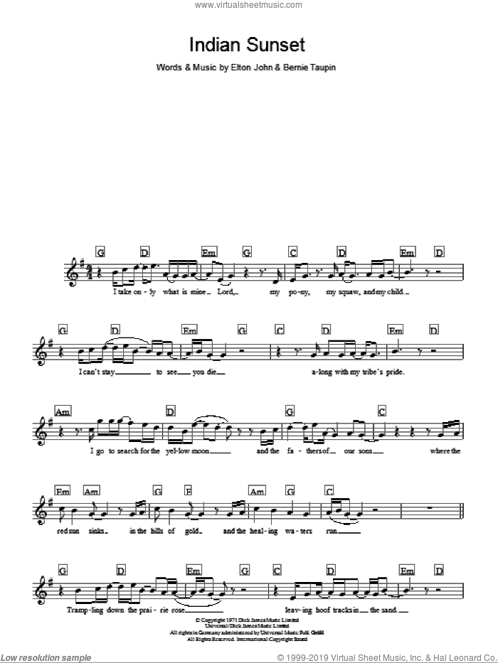 Indian Sunset (Middle section) sheet music for voice and other instruments (fake book) by Elton John and Bernie Taupin, intermediate skill level