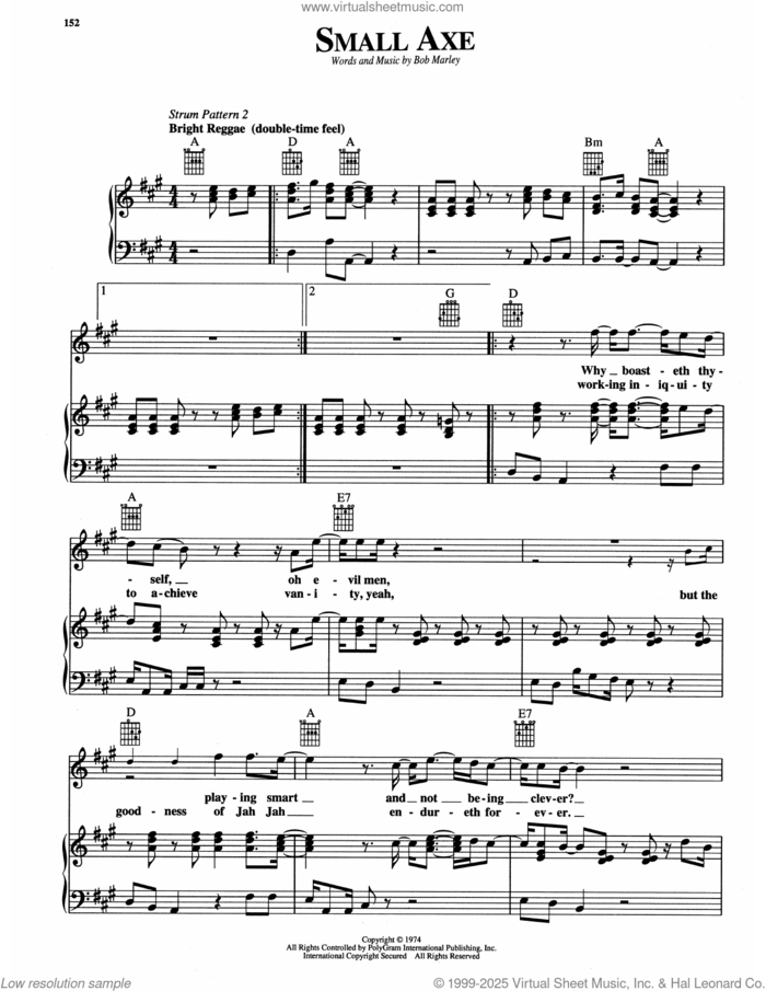 Small Axe sheet music for voice, piano or guitar by Bob Marley, intermediate skill level