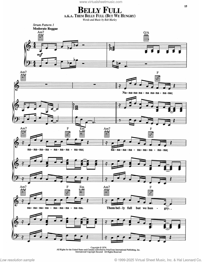 Them Belly Full (But We Hungry) sheet music for voice, piano or guitar by Bob Marley, Carleton Barrett and Lecon Cogill, intermediate skill level