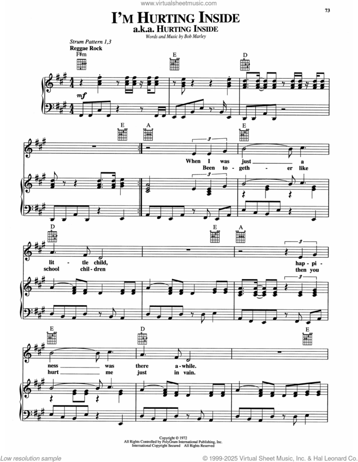 I'm Hurting Inside sheet music for voice, piano or guitar by Bob Marley, intermediate skill level