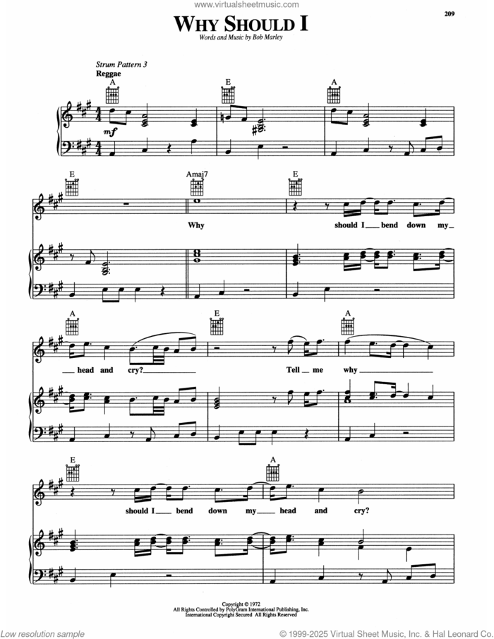 Why Should I sheet music for voice, piano or guitar by Bob Marley, intermediate skill level