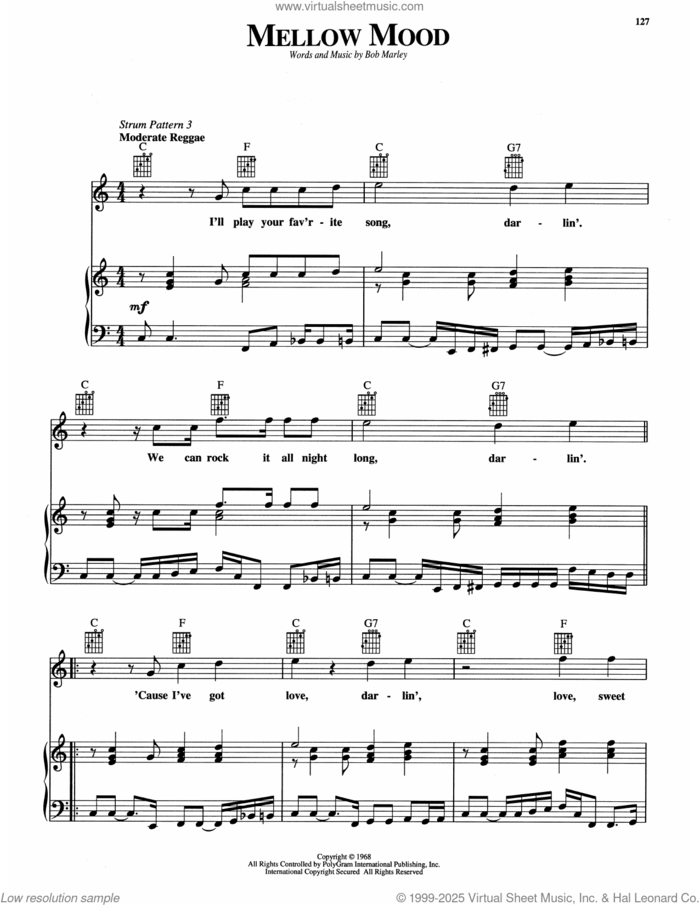 Mellow Mood sheet music for voice, piano or guitar by Bob Marley, intermediate skill level