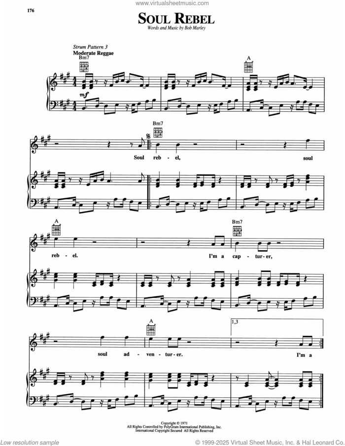 Soul Rebel sheet music for voice, piano or guitar by Bob Marley, intermediate skill level