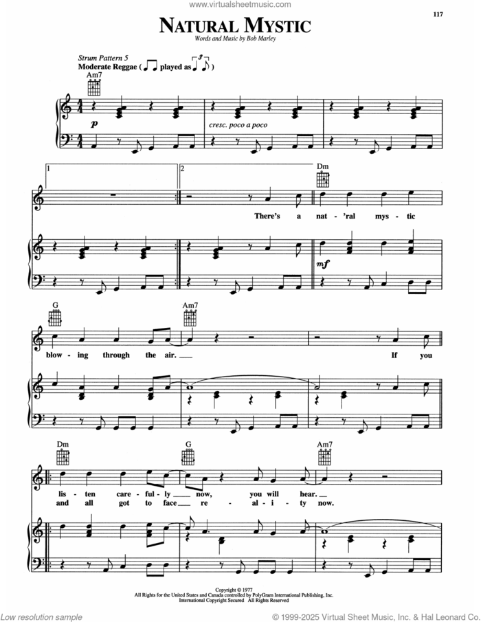 Natural Mystic sheet music for voice, piano or guitar by Bob Marley, intermediate skill level