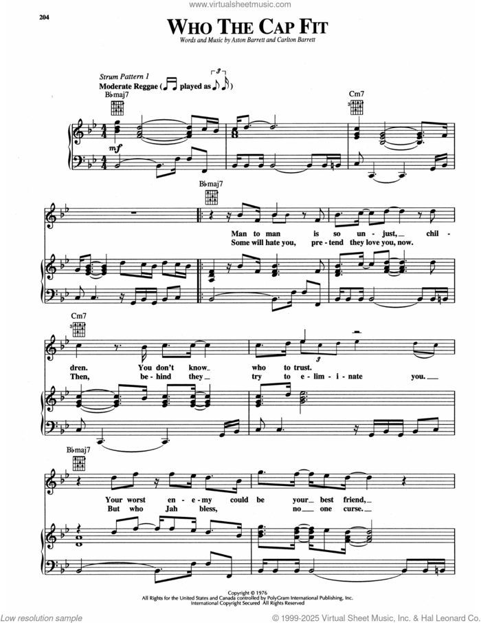 Who The Cap Fit sheet music for voice, piano or guitar by Bob Marley, Aston Barrett and Carleton Barrett, intermediate skill level