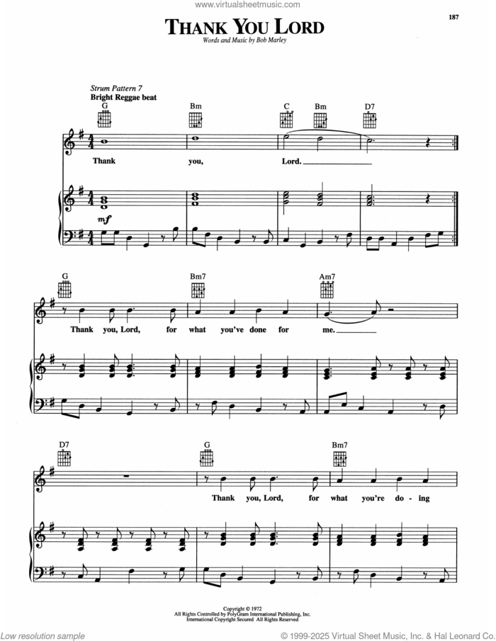 Thank You Lord sheet music for voice, piano or guitar by Bob Marley, intermediate skill level