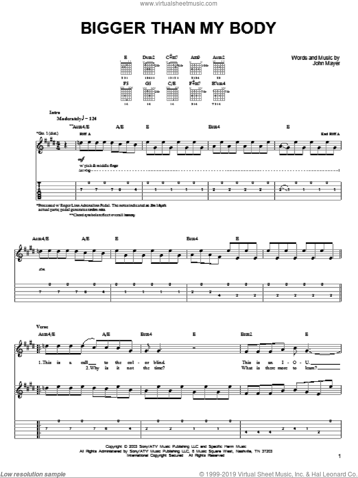 Bigger Than My Body sheet music for guitar solo (chords) by John Mayer, easy guitar (chords)