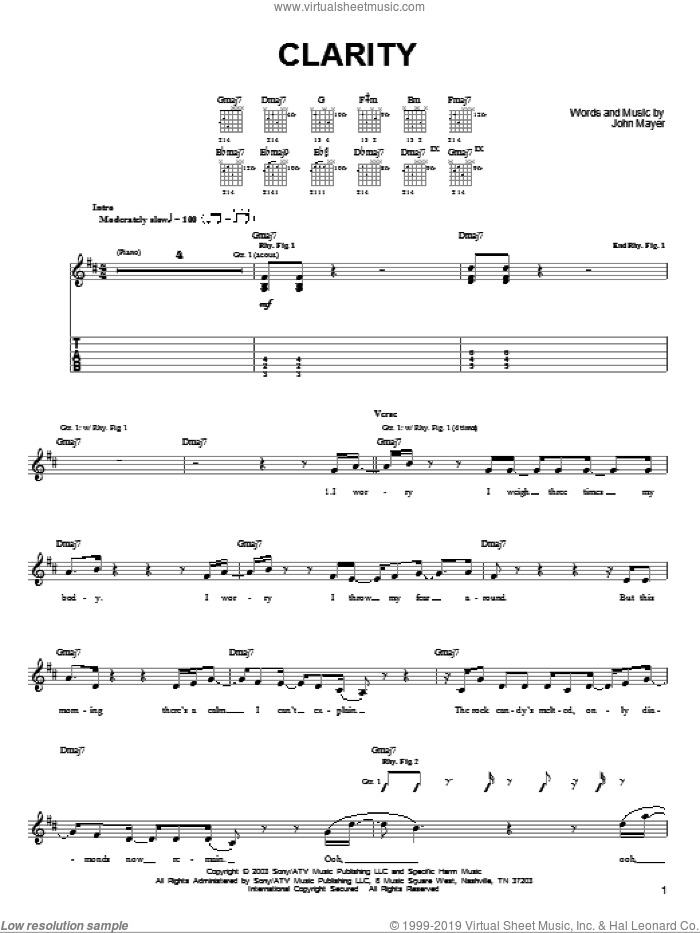 Clarity sheet music for guitar solo (chords) by John Mayer, easy guitar (chords)