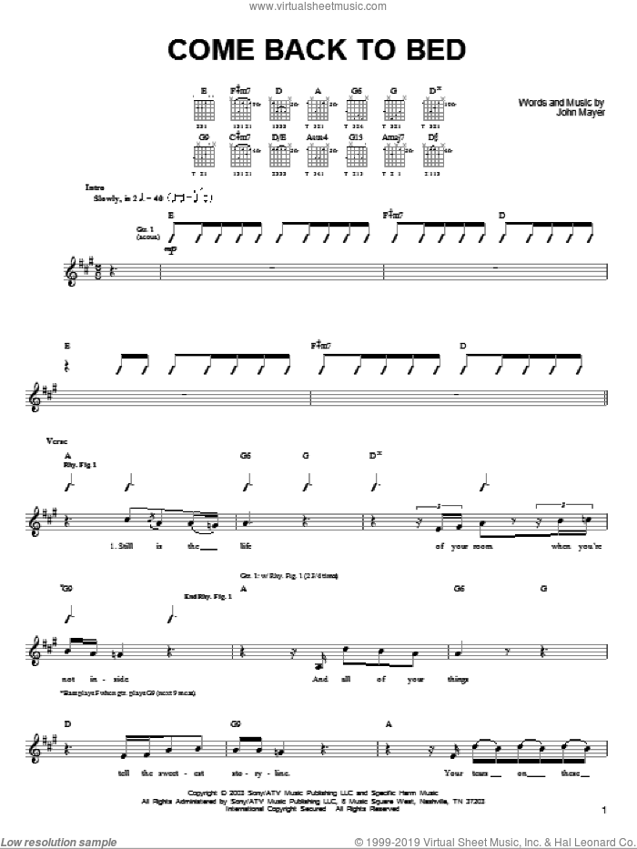 Come Back To Bed sheet music for guitar solo (chords) by John Mayer, easy guitar (chords)