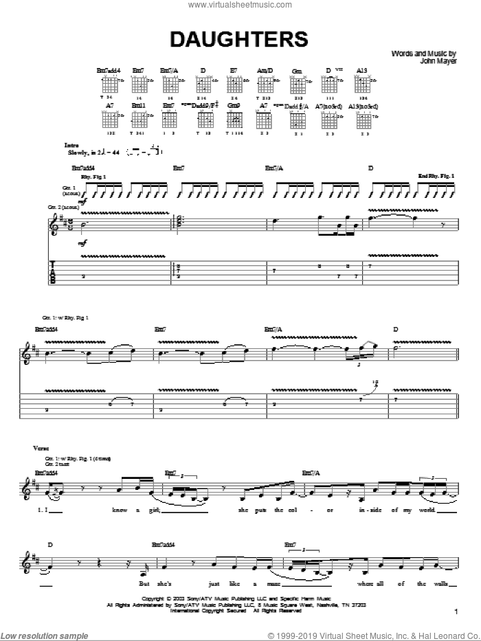 Daughters sheet music for guitar solo (chords) by John Mayer, easy guitar (chords)