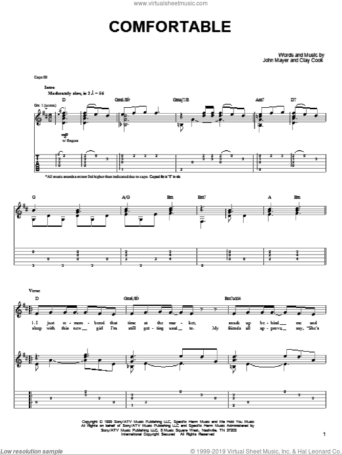 Comfortable sheet music for guitar solo (chords) by John Mayer and Clay Cook, easy guitar (chords)