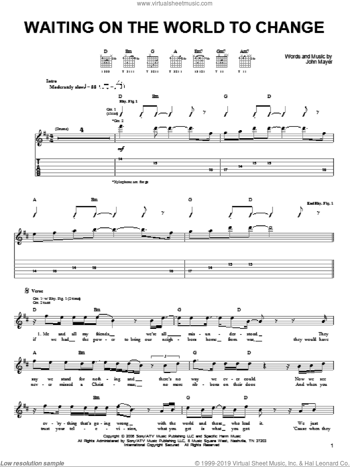 Waiting On The World To Change sheet music for guitar solo (chords) by John Mayer, easy guitar (chords)