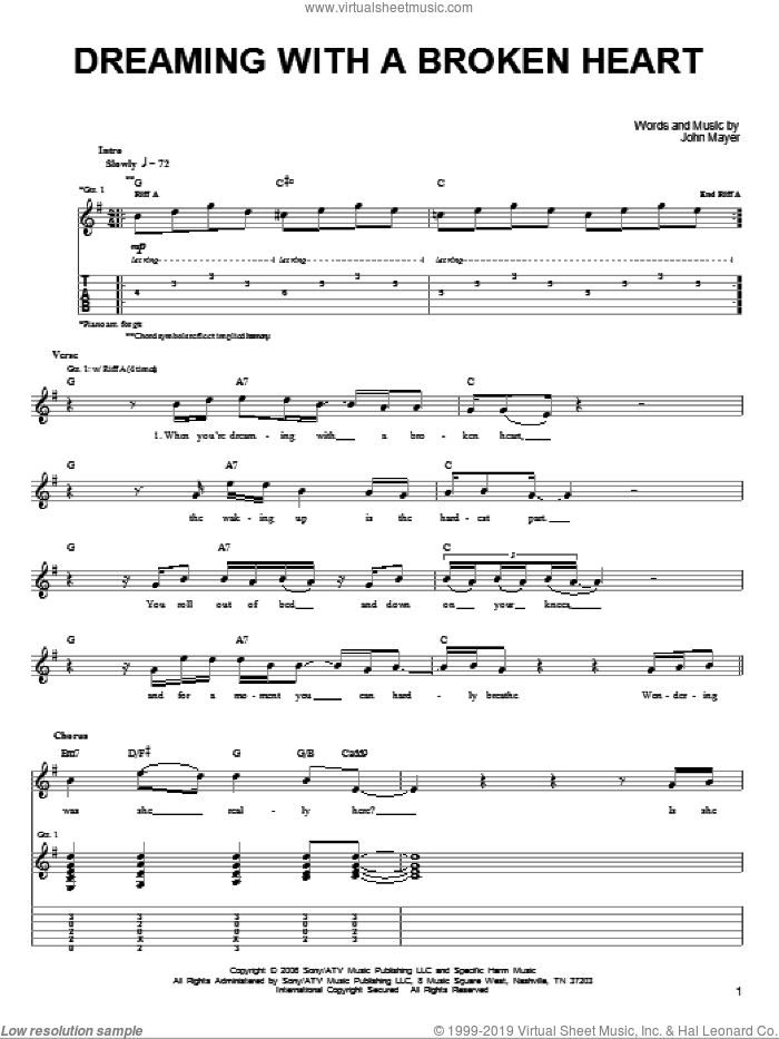 Dreaming With A Broken Heart sheet music for guitar solo (chords) by John Mayer, easy guitar (chords)