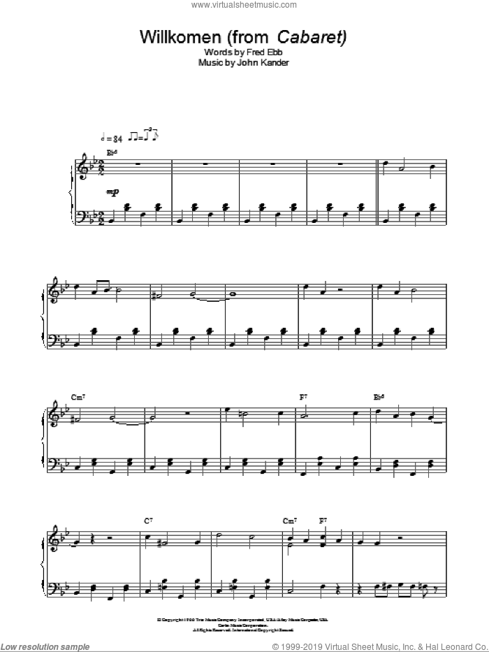Willkommen sheet music for piano solo by Kander & Ebb, Cabaret (Musical), Fred Ebb and John Kander, intermediate skill level