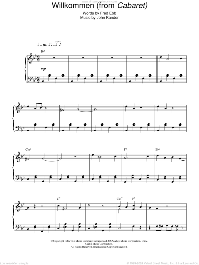 Willkommen sheet music for piano solo by Kander & Ebb, Cabaret (Musical), Fred Ebb and John Kander, intermediate skill level