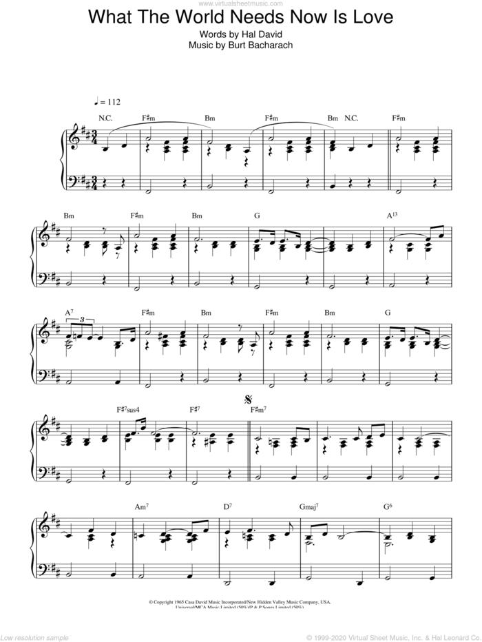 What The World Needs Now Is Love, (intermediate) sheet music for piano solo by Burt Bacharach, Bacharach & David, Stacey Kent and Hal David, intermediate skill level