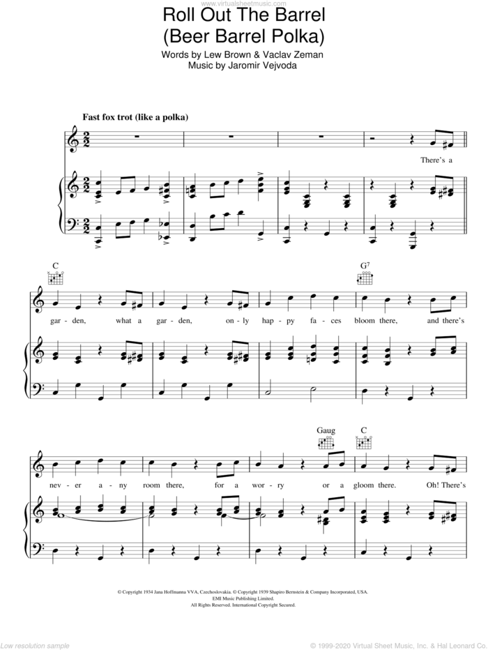 Beer Barrel Polka (Roll Out The Barrel) sheet music for voice, piano or guitar by Will Glahe, Jaromir Vejvoda, Lew Brown and Vaclav Zeman, intermediate skill level