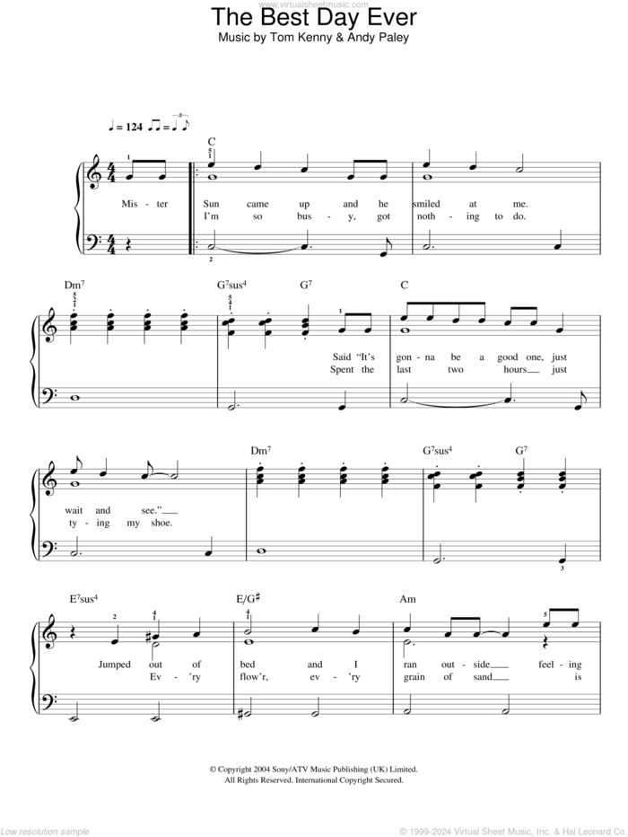 The Best Day Ever sheet music for piano solo by Tom Kenny, SpongeBob SquarePants and Andy Paley, easy skill level