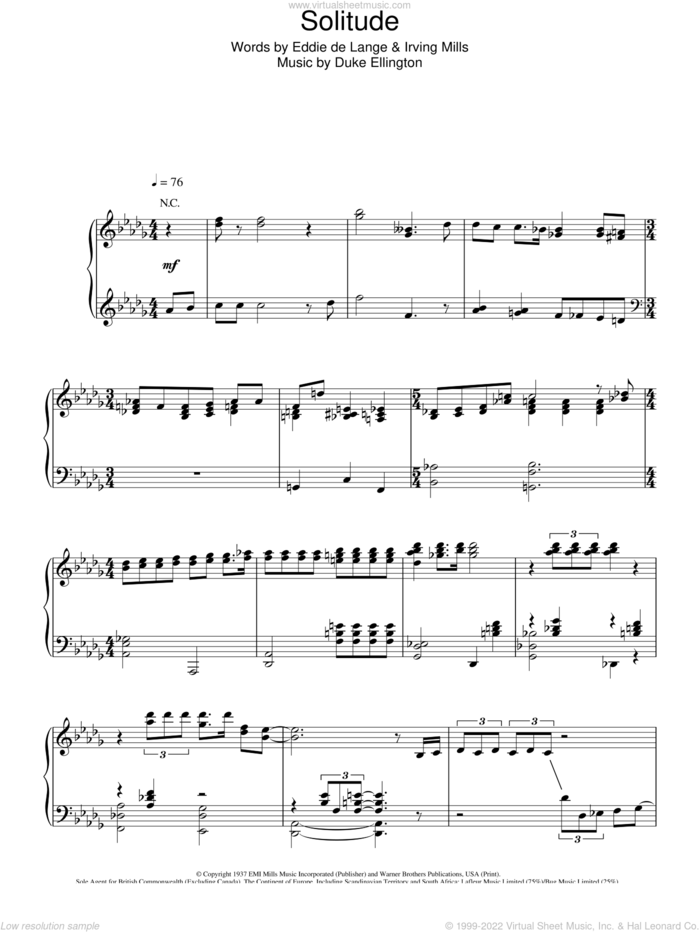 Solitude sheet music for piano solo by Duke Ellington, Eddie DeLange and Irving Mills, intermediate skill level