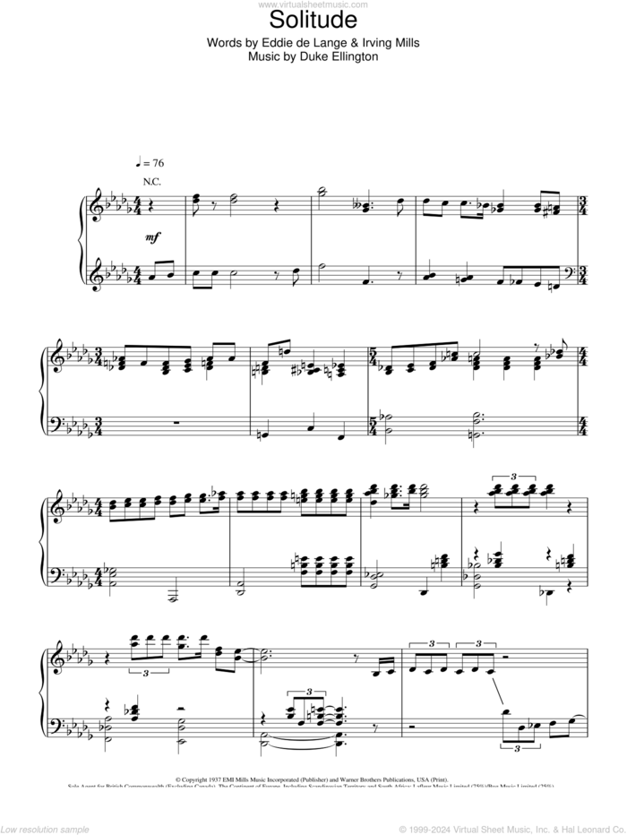 Solitude sheet music for piano solo by Duke Ellington, Eddie DeLange and Irving Mills, intermediate skill level