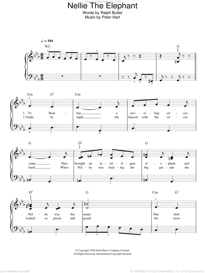 Nellie The Elephant sheet music for piano solo by Ralph Butler and Peter Hart, easy skill level