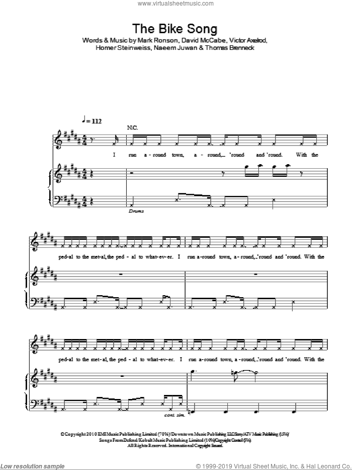 The Bike Song sheet music for voice, piano or guitar by Mark Ronson & The Business Intl., David McCabe, Homer Steinweiss, Mark Ronson, Naeem Juwan, Thomas Brenneck and Victor Axelrod, intermediate skill level