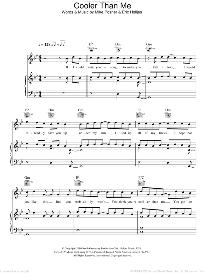 Cooler Than Me sheet music for voice, piano or guitar by Mike Posner and Eric Holljes, intermediate skill level
