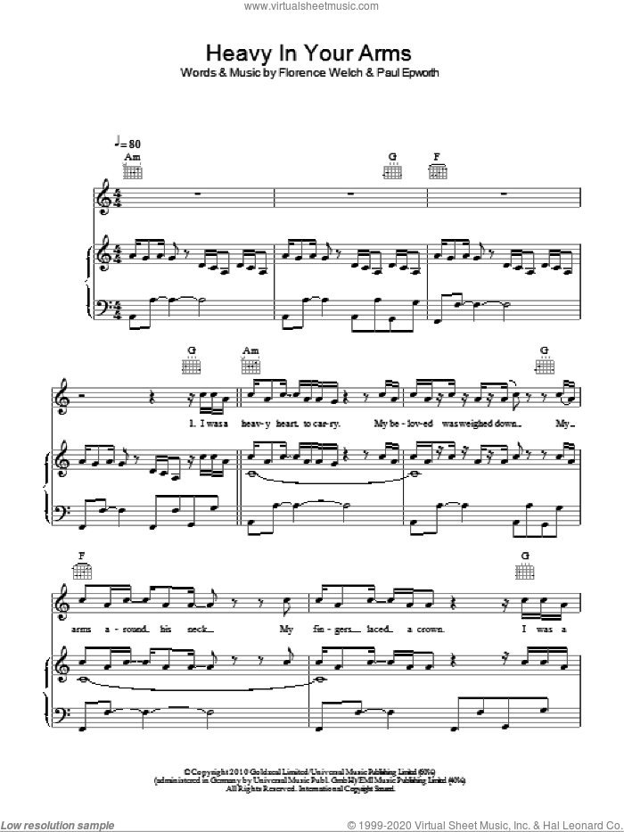 Heavy In Your Arms sheet music for voice, piano or guitar by Florence And The Machine, Florence And The  Machine, Florence Welch and Paul Epworth, intermediate skill level